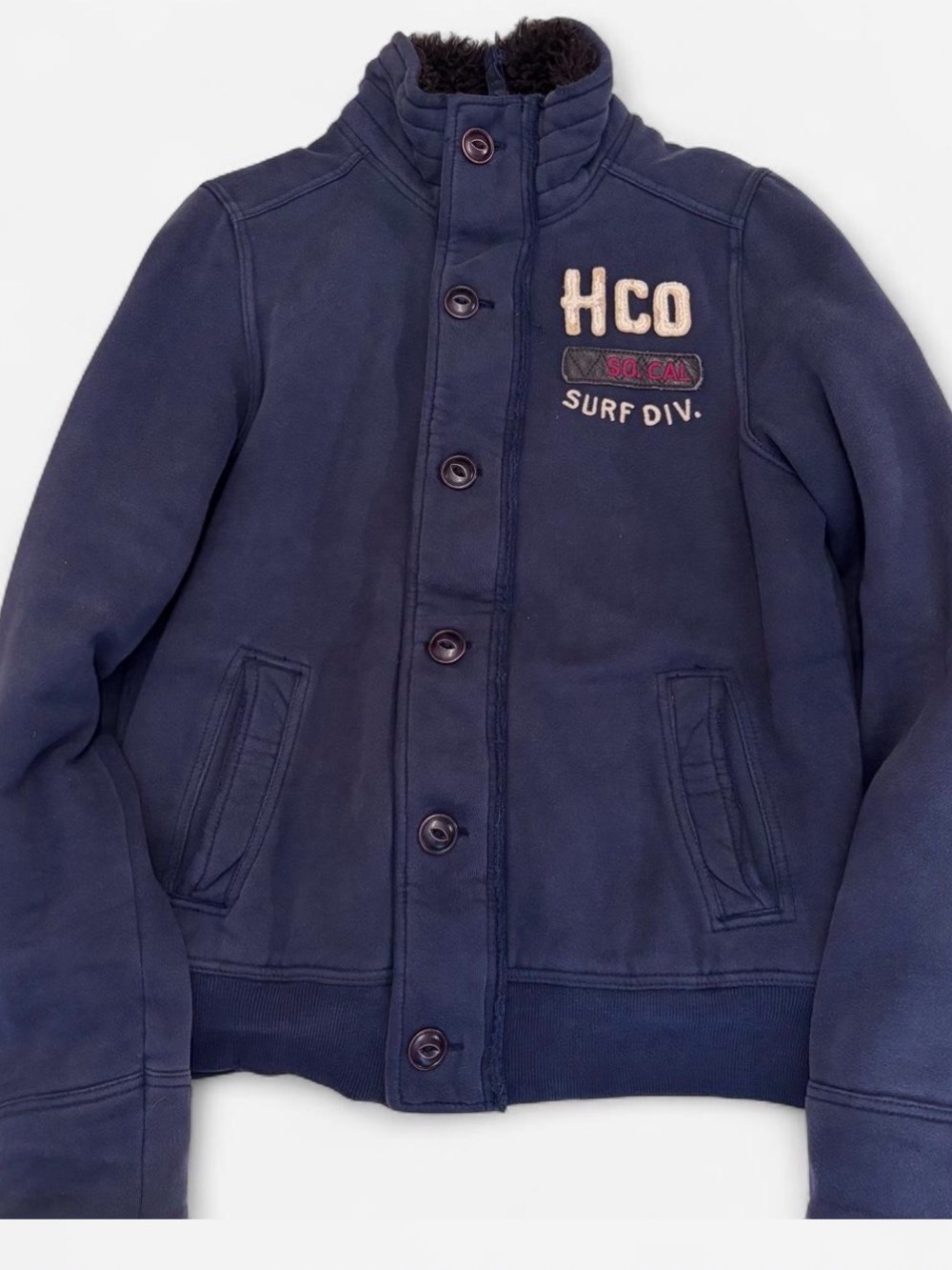 Hollister Navy Button-Front Puffer Jacket with Embroidered Logo